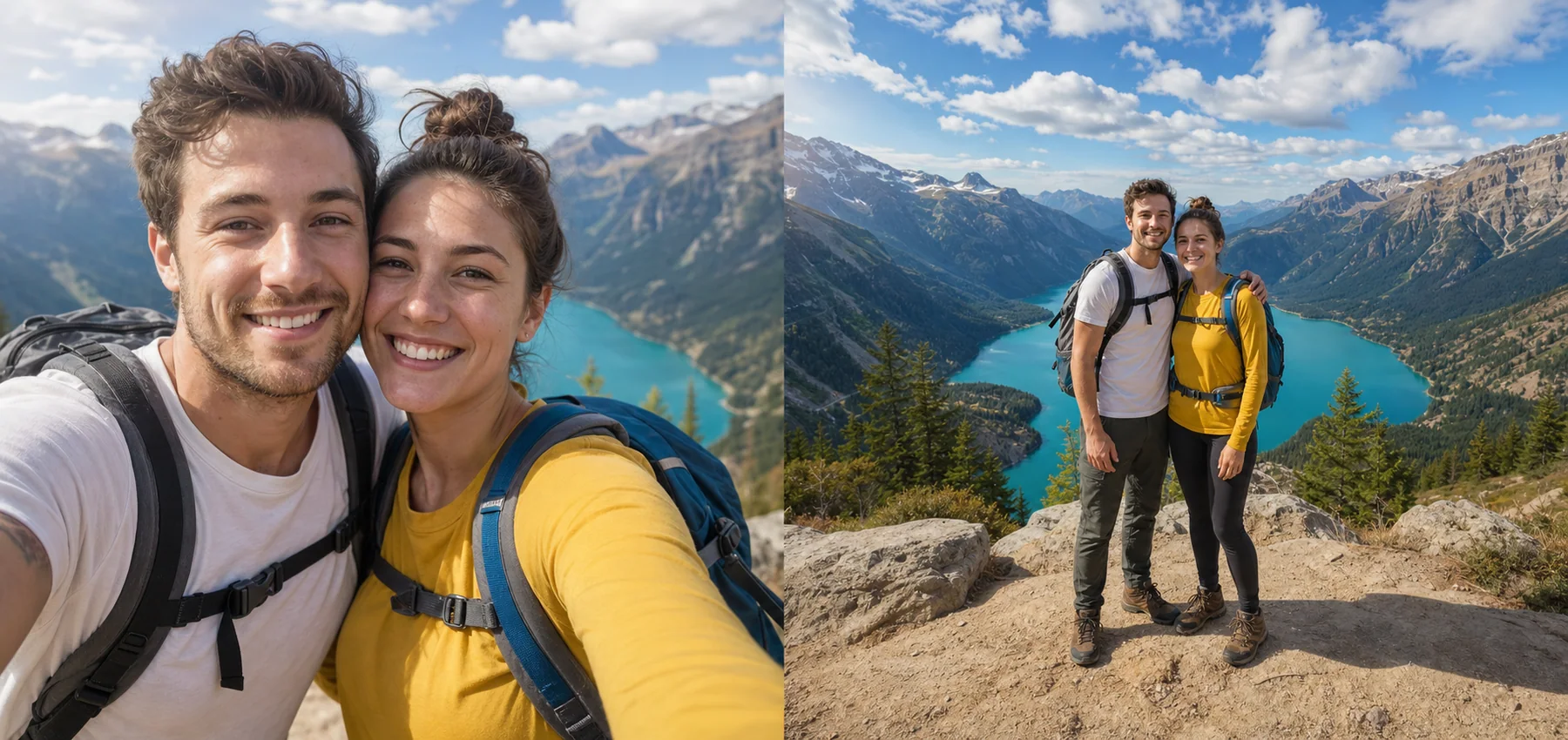 The same couple shown in a close phone selfie and a wide eSelfie composition